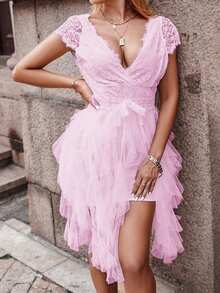 Look Polly Summer Women Dresses,Solid Color Lace Top And Mesh Skirt,Wedding Women Dresses Fall Women Clothes, Back To School Clothes,Party Women's Backless Dress Prom Dress,Elegant V-Neck Sleeveless Long Dress