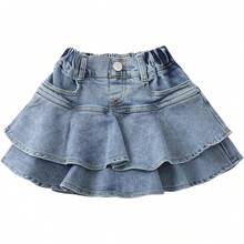Little Girl's Denim Skirts Mini Flared Pleated Toddler Jean Skorts With Shorts Underneath - 藍色牛仔布 - 查看 9