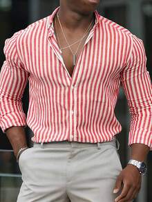 Men's Classic Vertical Striped Long Sleeve Shirt - Red - View 1