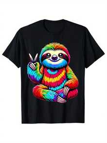 Camiseta de algodón para hombres con estampado de perezosos, camiseta gráfica, ropa de exterior para hombres, camiseta casual de manga corta con cuello redondo - Negro - Ver 1