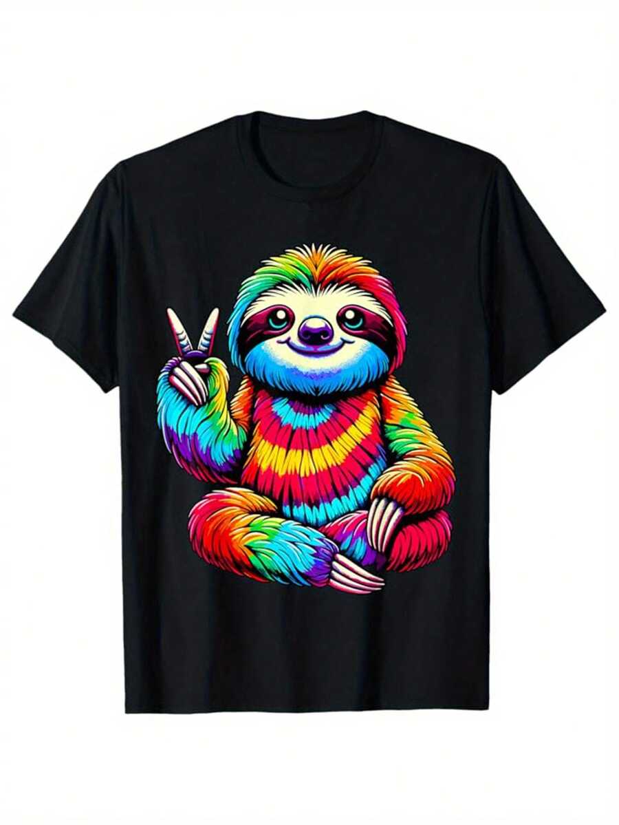 Camiseta de algodón para hombres con estampado de perezosos, camiseta gráfica, ropa de exterior para hombres, camiseta casual de manga corta con cuello redondo - Negro - Ver 1