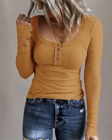 Women's Long Sleeve Henley Shirts Button Down Tops Scoop Neck Ribbed Knit Shirts - 棕色 - 查看 3