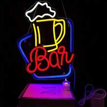 Neon Bar Sign | Multi-Color LED Wall Decor With Adjustable Brightness | USB Powered | Beer Mug Design In Yellow, Red & Blue | Durable Plastic | Ideal For Home Bars And Party Lighting, Home Bar Accessory | Playful Neon Sign | Vibrant Neon Lights