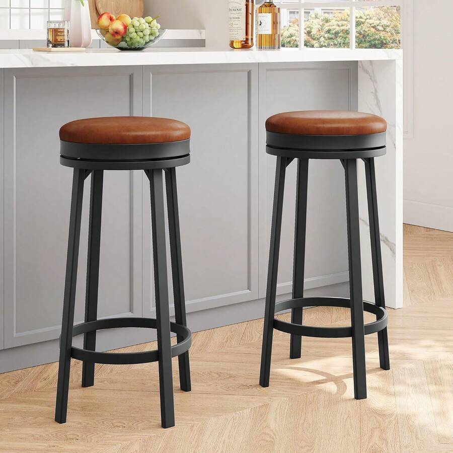 Swivel Bar Stools Set Of 2, 30" Counter Height Bar Stools With Upholstered PU Leather Cushion, Backless Round Kitchen Barstools With Metal Frame For Kitchen Home Bar, Bar Stools Set Of 4,Adjustable Swivel Barstools, Faux Leather Bar Chairs,Upholstered Counter Height With High Backrest For Kitchen Island - 棕色 - 查看 1