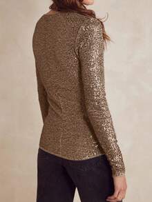 Women Y2k Long Sleeve Sequins Tops Glitter Basic Shirt Casual Pullover For Fall Club Streetwear Aesthetic Clothes - Vàng - Xem 4
