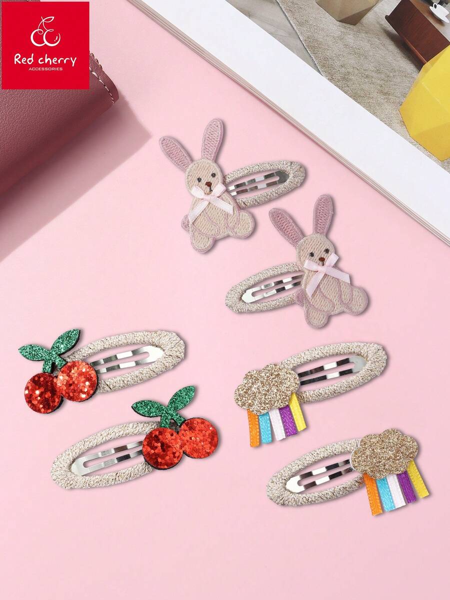 2pcs/Set Cute Rabbit & Cherry Blossom Cloud Design Hair Clips, Suitable For Girls' Daily Hairstyle Decoration - Multicolor - View 1