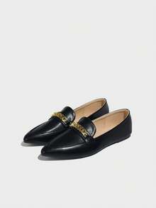 2025 New Arrival Black Loafers For Women, English Style Flat Pointed Toe Slip-On Shoes, Metal Chain Decor, Versatile Casual Thick Sole Thin Penny Loafers - Black - View 6