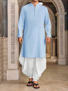 Runcati Men's Cotton Linen Henley Button Down Thobe Long Sleeve Casual Muslim Kaftan Gown - 藍色 - 查看 3