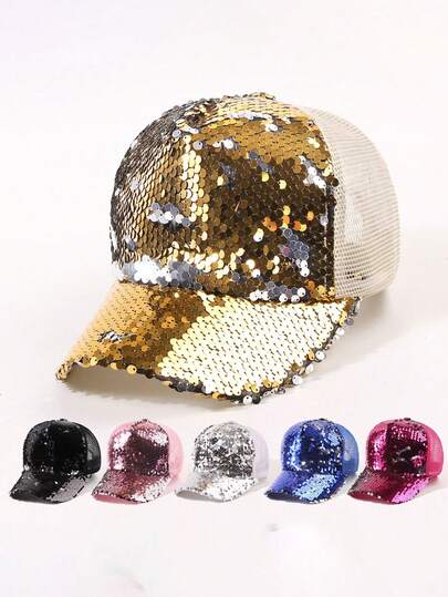 1顶亮片棒球帽，粉色，女士时尚鸭舌帽，透气遮阳帽