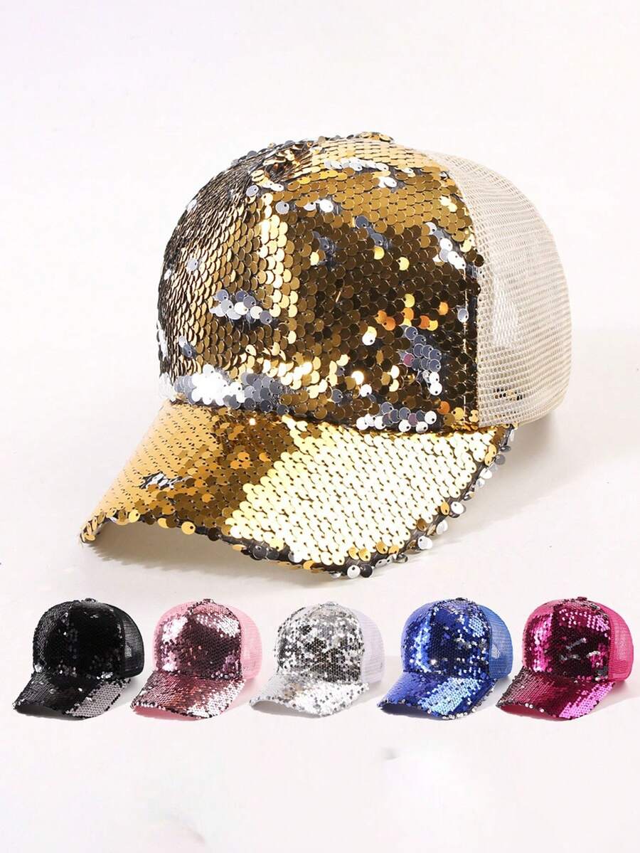 1顶亮片棒球帽，粉色，女士时尚鸭舌帽，透气遮阳帽 - A - 查看 1