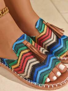 女士流苏装饰平底凉鞋，防水沙滩一脚蹬拖鞋，女士防滑时尚百搭拖鞋