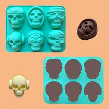 1pc Skull-Shaped Ice Cube Tray, 6 Cavity 3D Silicone Mold For Whiskey, Cocktail, Halloween Baking, Chocolate, Candy, Pudding, Reusable - Green - View 3
