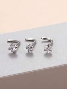 3 件鼻环耳钉，20G L 形鼻环，圆形/星形/心形闪亮 CZ 鼻孔穿孔饰品，男女皆宜 - 3件鼻釘套裝 - 查看 6