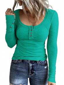 Women's Long Sleeve Henley T Shirts Button Down Slim Fit Tops Scoop Neck Ribbed Knit Shirts/Vacation Outfits Women/Valentine Outfits For Women - Grassy Green - 查看 1