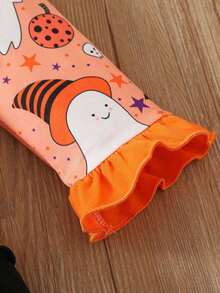 Toddler Girls Hallloween Clothes Set Ghost Pattern Long Sleeve Ruffled Ttim Tops With Striped/Solid Color Pants 2 Pcs Outfit - Orange - View 7