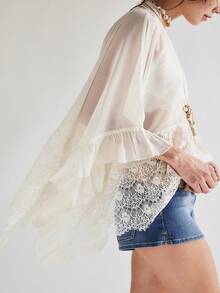 Women's Y2K Lace Poncho Top V Neck Batwing Sleeve Sheer Top See Through Ruffle Flowy Chiffon Blouse Loose Going Out Shirt Beach Party Streetwear - 白色 - 查看 3
