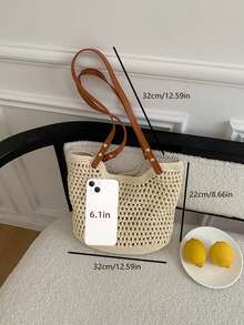 2024年新款女士包，编织沙滩包，多功能单肩包，适合海滩度假或通勤，学校手提包，书包，便携，可折叠，商务休闲，适合青少年女孩女士 - 杏色 - 查看 3
