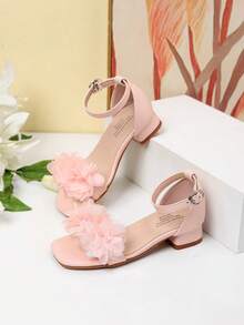 Sandal Musim Panas Ujung Persegi Tumit Persegi Dekorasi Bunga Sepatu Dansa Hak Tinggi Anak Perempuan Sandal Aktivitas Sehari-hari Pertunjukan Siswa - Berwarna merah muda - View 4