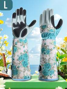 Unisex Long Gardening Gloves - Suitable For Handling Roses And Cacti, Ambidextrous Design, Breathable Polyester With Leather Accents, Blue Floral Pattern, Ideal For Yard And Garden Tasks, Machine Washable - One Pair - Royal Blue - View 8
