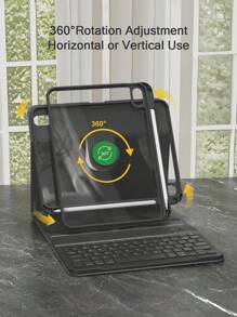 360°旋转支架键盘保护套，兼容iPad第11代/2025款（A16），PU皮革材质，可拆卸无线蓝牙键盘（内置150mAh电池），兼容iPad第11代/第10代Air4/Air5/Air6/Air7 10.9英寸（M2）2024款（M3）以及iPad 10.2英寸机型，配备无线键盘和Apple Pencil笔槽，支持自动睡眠/唤醒功能 - 黑色
