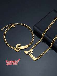 1 件个性化镌刻姓名项链和手链套装，不锈钢镌刻姓名日期手链定制纪念日期项链情侣首饰，贴心母亲节感恩节复活节情人节回归 - 彩色 - 查看 2