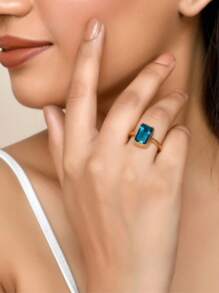 1pc Elegant Navy Blue Cubic Zirconia Rectangular Ring, Engagement Wedding Ring, Valentine's Day Gift