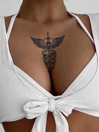 1pc Fashion Winged Sword & Snake Design Temporary Tattoo Sticker, Lasts 1-2 Weeks, Waterproof & Easy To Use, Suitable For Arms, Waist, Feet For Men & Women, Natural Matte Finish, Reusable Waterproof Fake Tattoo, Perfect For Parties, Gifts, Traveling, Music Festivals & Daily Wear For Trendsetters