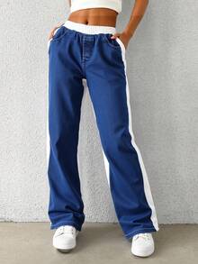 Pantalón Denim Bicolor  Casual  Dulce  Sexy    Mezclilla    Jeans  Diario  Vacaciones  viaje - Negro - Ver 2