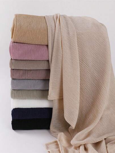 1pc Women Plain Color Pleated Casual Scarf, Elastic & Breathable Jersey Small Long Scarf, Head Wrap, Shawl For Warmth And Sun Protection