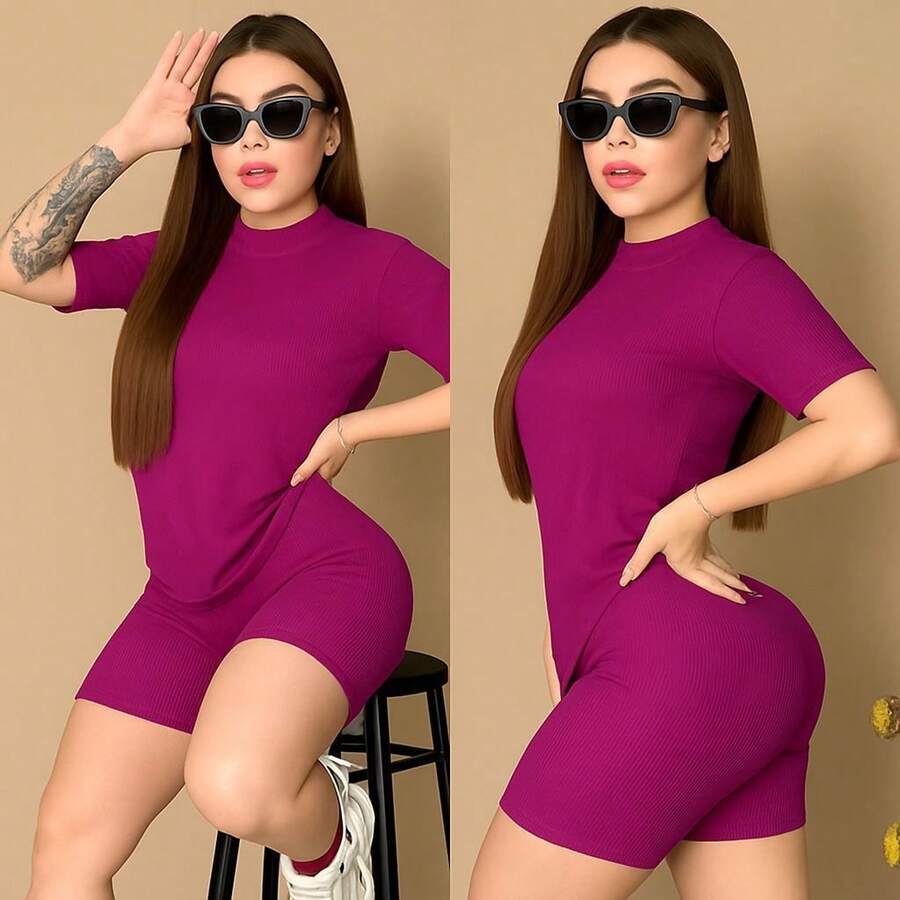 Conjunto casual moda dama de camiseta holgada tipo oversize y short tipo biker, casual verano cómodo - Magenta - Ver 1