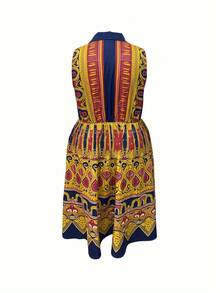 Plus Size Ladies Lapel  Print Sleeveless Dress - 彩色 - 查看 2