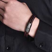 经典简约男士皮革手链，朋克皮革腕带，钛钢编织皮绳