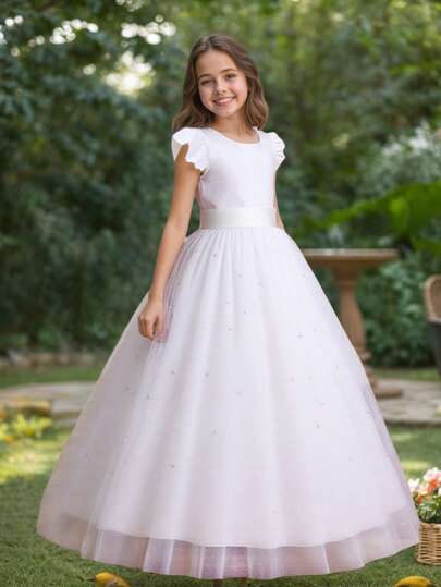 Tween Girls High-End Cap Sleeve Backless Pearl Detachable Bow Tulle Princess Dress, Suitable For Teenager Bridesmaid Prom Party Wedding