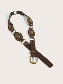 1 件棕色牛皮斑点印花 PU（聚氨酯）腰带，百搭配饰，适合连衣裙、裙子、牛仔裤、休闲街头风格时尚，适合日常穿着