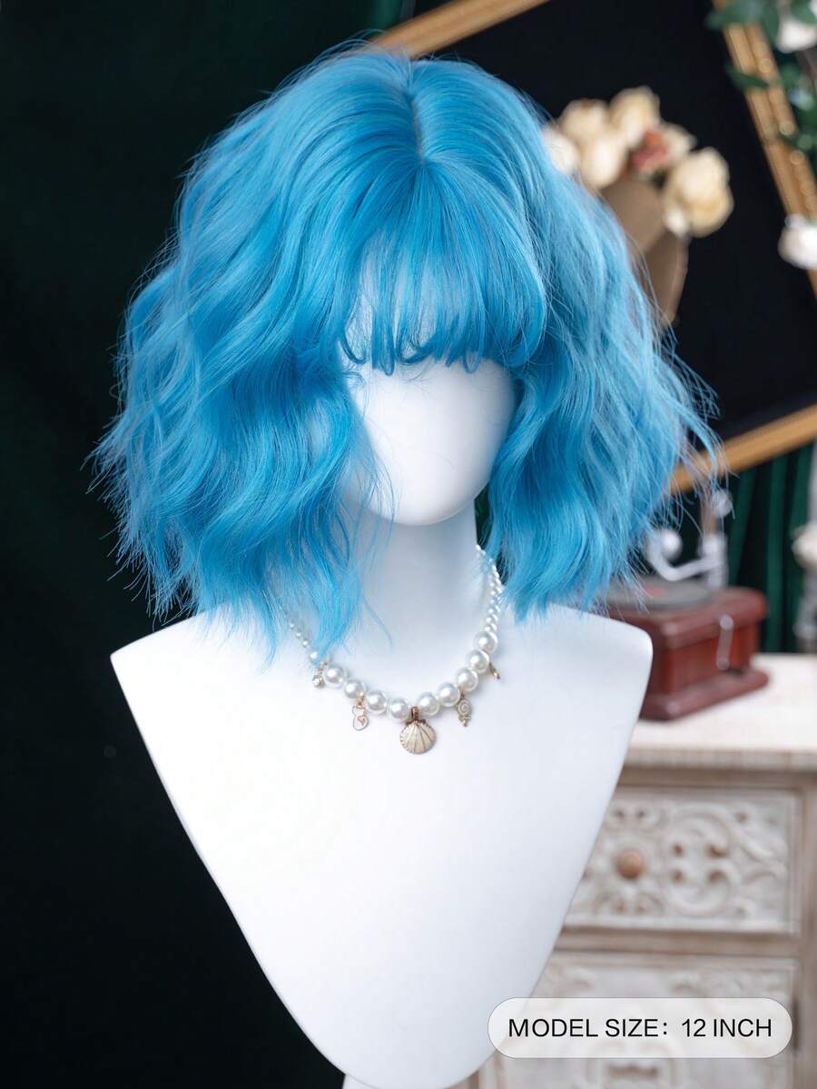 alicegarden 1 片合成耐热卷发，蓝色刘海假发长度 12 英寸，编织日常自然逼真假发。（不含配件） - 藍色 - 查看 1
