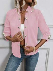Women's Solid Color Button Front Long Sleeve Lightweight Jacket, Spring/Autumn