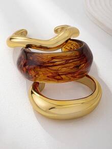 3pcs/1pc Vintage Fashion Exaggerated Oversized Malachite Color System Brown Resin CCB Thick Cuff Bracelet Set, Personalized Minimalist High-End Adjustable Stackable Jewelry Suitable For Women Men, Party, Daily Matching (Random Pattern) - Multicolor - View 2