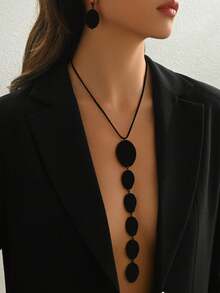 2 件套黑色现代金属几何不对称椭圆形抛光超大长吊坠项链和耳环套装，独特的珠宝套装，蛇骨链 Y 形项链，派对/正装配饰套装 - 黑色 - 查看 3