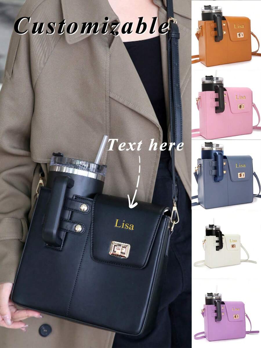 1pc Personalized Custom Name Design, Letter Capitalization, Pu Leather Square Portable Beverage Bottle, Water Cup Bag, Universal Large Insulated Cup, Pink Single-Shoulder Crossbody Water Cup Bag, Large-Capacity Women's Bag, Suitable For Daily Commuting, Office, Outdoor Camping And Shopping - Multicolor - View 1