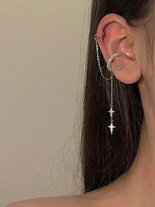 1pc 925 Silver Crescent Moon Chain Integrated Stud Earrings Clip-On Earrings