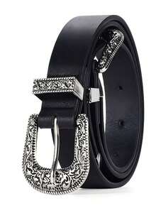 1pc Western Style Silver Double Buckle Belt Fall, Autumn, Halloween - Black - View 7