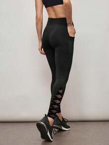 压缩运动紧身裤，网眼拼接设计，侧边手机口袋 - 黑色 - 查看 4