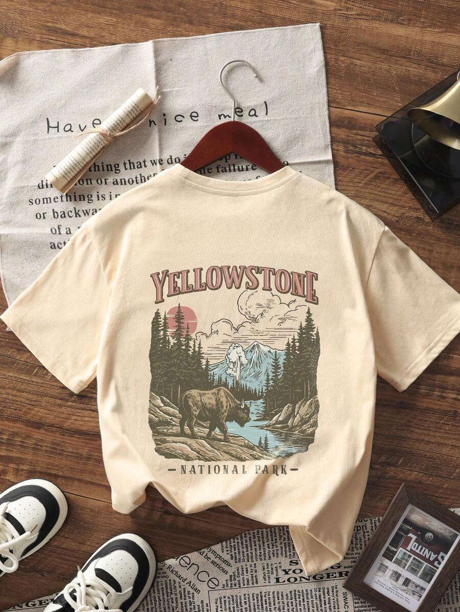 Women's Casual Loose Round Neck Breathable Commuting Countryside Landscape Print Short Sleeve T-Shirt, Spring/Summer - Apricot - View 1