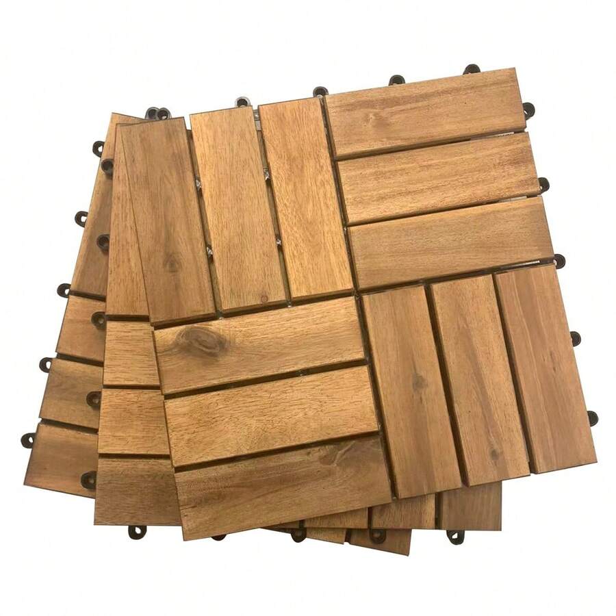 30Pcs Plastic Interlocking Deck Tiles, Solid Acacia Deck Tiles 12''x12''Interlocking Flooring Tiles Checker Pattern ,Patio Floor Decking Tiles For Balcony Decor Backyard - 棕色 - 查看 1