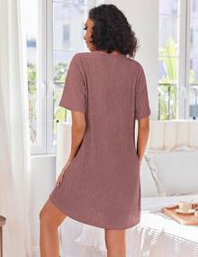 Women Zipper Robes Knit Short Bathrobe Lightweight House Coat With Pockets Soft Nightgown S-XXL - 珊瑚 - 查看 9