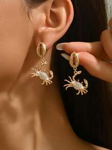 2 件时尚经典海洋派对人造珍珠镶嵌红珊瑚镀金珊瑚蟹和海星天然贝壳 DIY 手工首饰，多种款式可选，适合女性在度假、派对、返校季和其他节日佩戴的耳环 - 小螃蟹鑲鑽耳環 - 查看 1