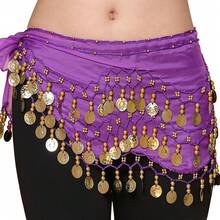 Chiffon Belly Dance Hip Scarf With 128 Coins For Yoga Class - 紫色 - 查看 4