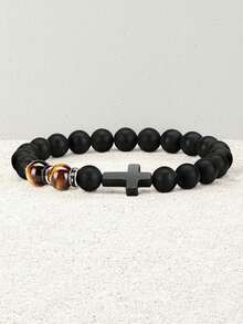 希望、信念和爱！时尚十字架装饰黑色串珠手链，送给儿子