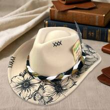 Floral Print Cowgirl Hat For Women Men Feather Belt Decor Wide Brim Felt Western Cap For Party - 米色 - 查看 3