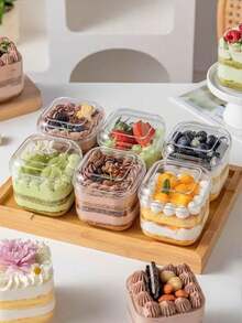 10个装方形慕斯蛋糕盒，蛋糕、布丁、冰淇淋、糕点、烘焙食品包装盒，带盖 - 透明 - 查看 1